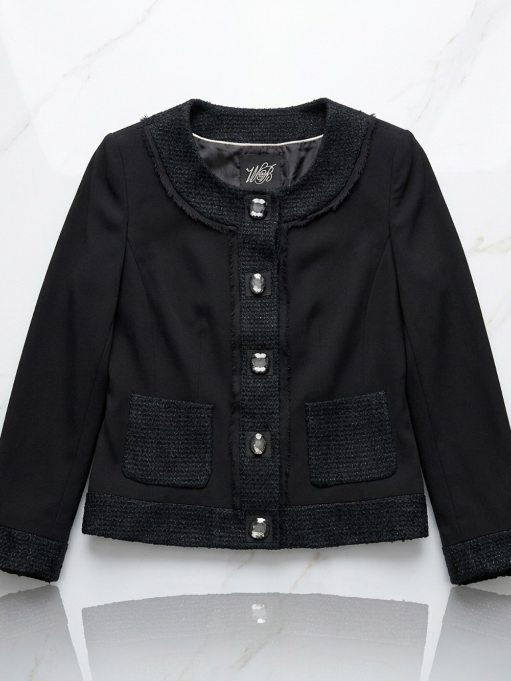 White House Black Market Black Silk Blend Jacket with Jewel Buttons - Size 14
